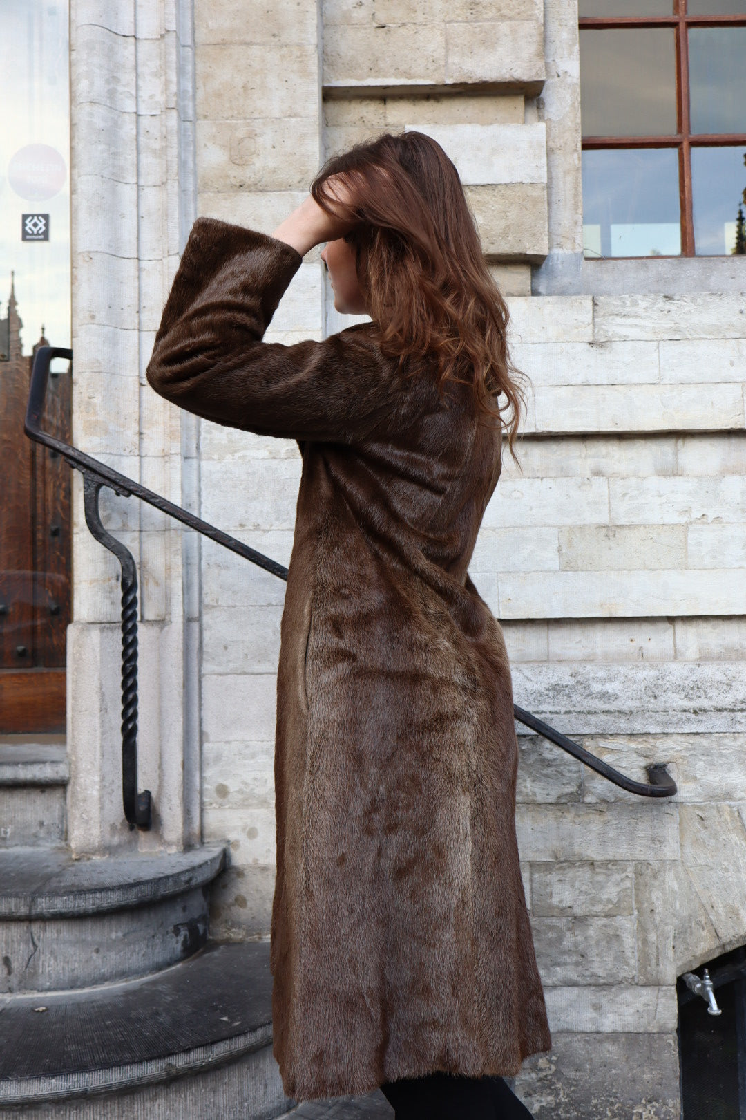 Long brown fur coat, size S/M