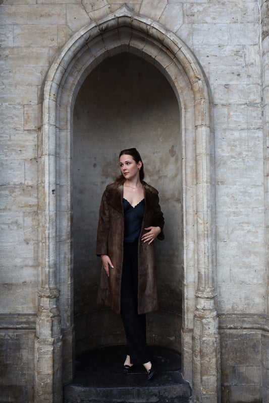 Long brown fur coat, size S/M