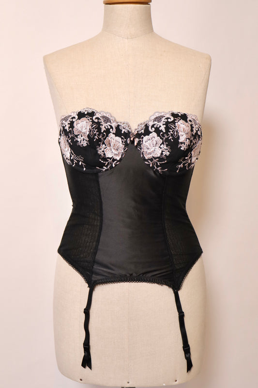 Black bustier with pink lace flower details, size M - C cup