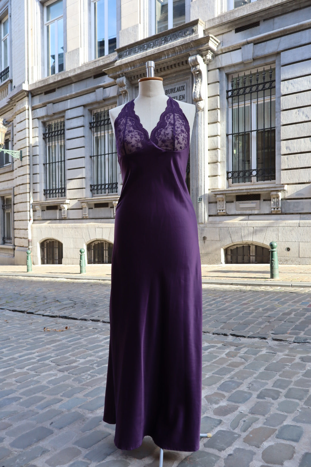 Vanity Fair long purple slipdress with lace cups, size Medium