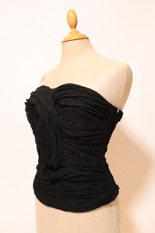 Black bustier top with pleads and beads, size L