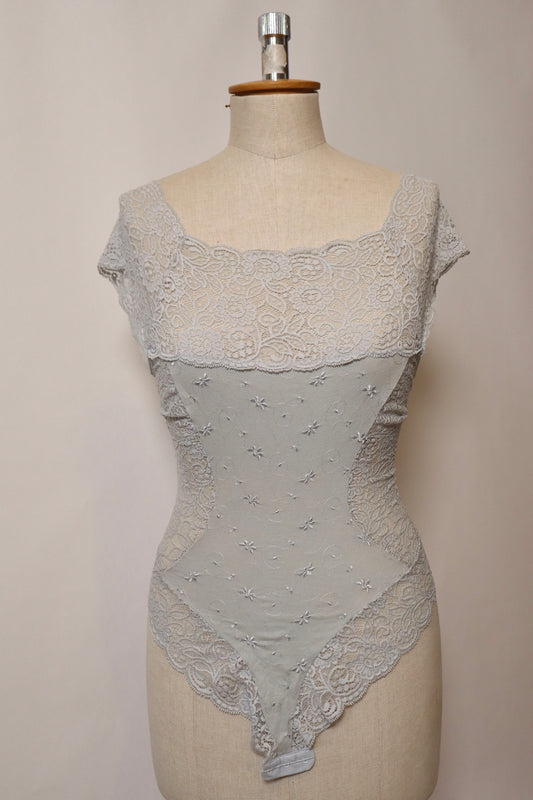 Soft blue / gray lace body with embroidered flowers size M - L