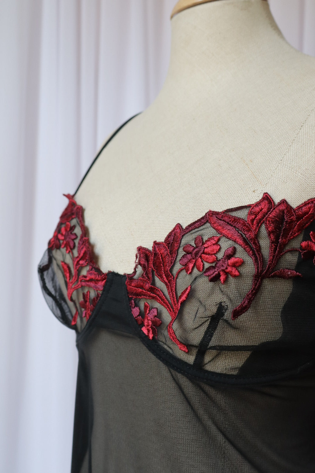 Sheer black slipdress with red lace details, size L