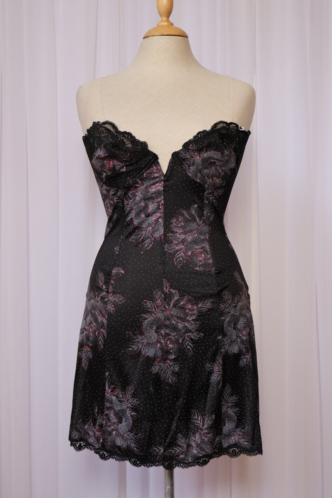 1980’s strapless black slipdress with floral pattern - size M, Made in Italy