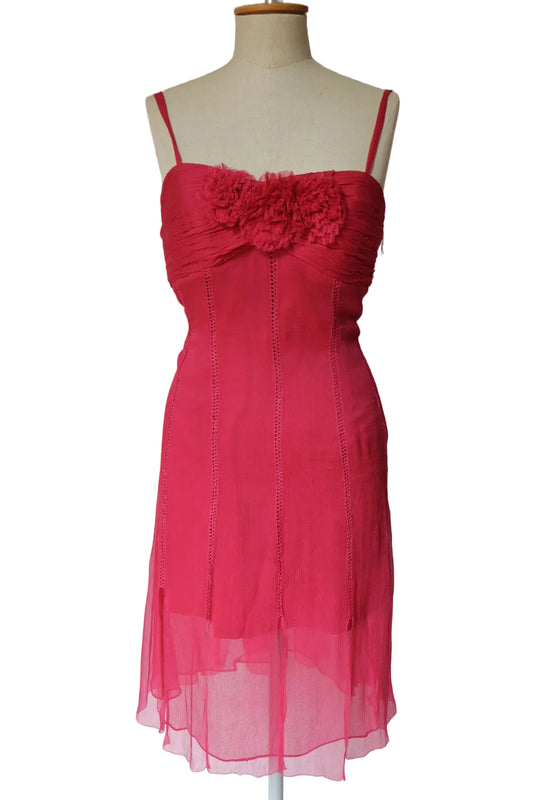 Pinkish red silk dress with flower details - size L