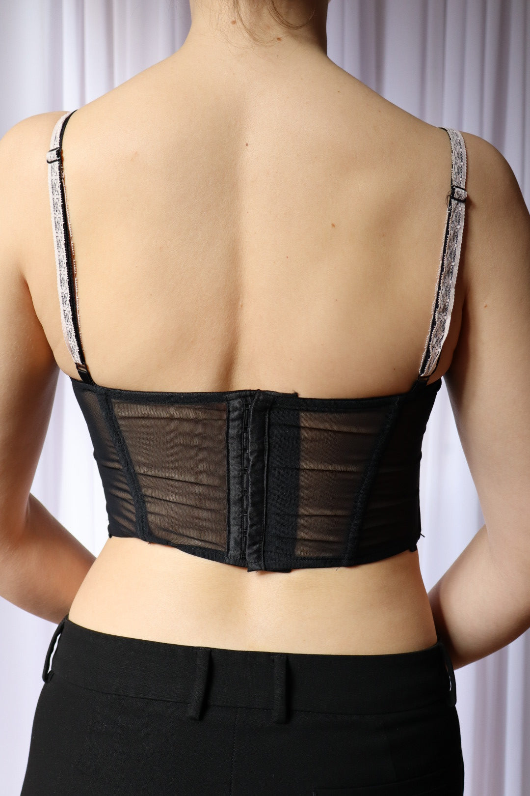 Black lace bustier with pink details & bows - size M -