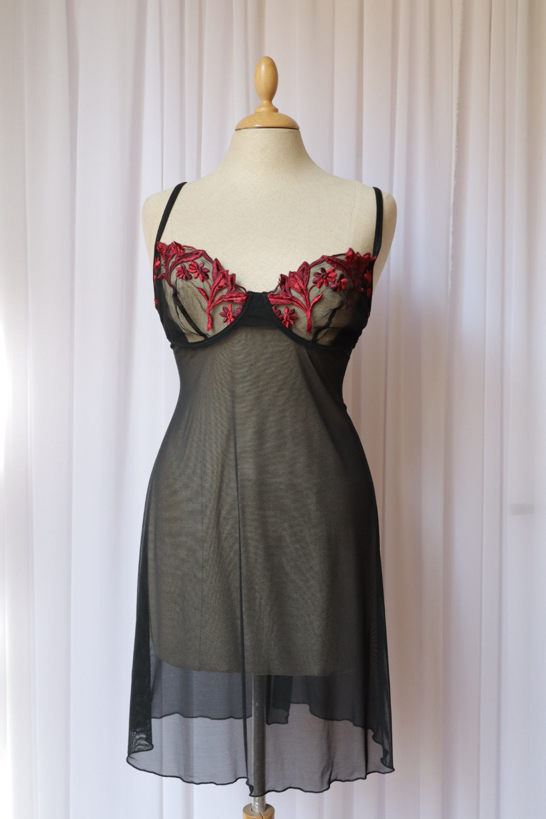 Sheer black slipdress with red lace details, size L