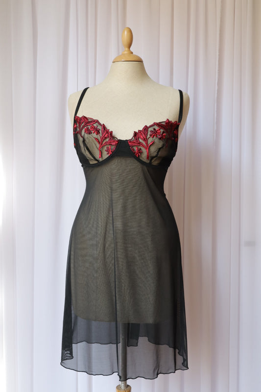 Sheer black slipdress with red lace details, size L