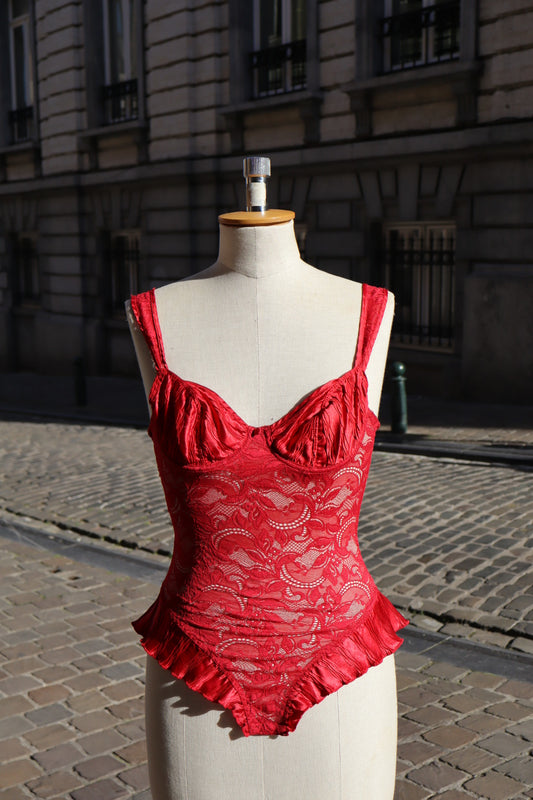 Red lace body with satin cups, size XS