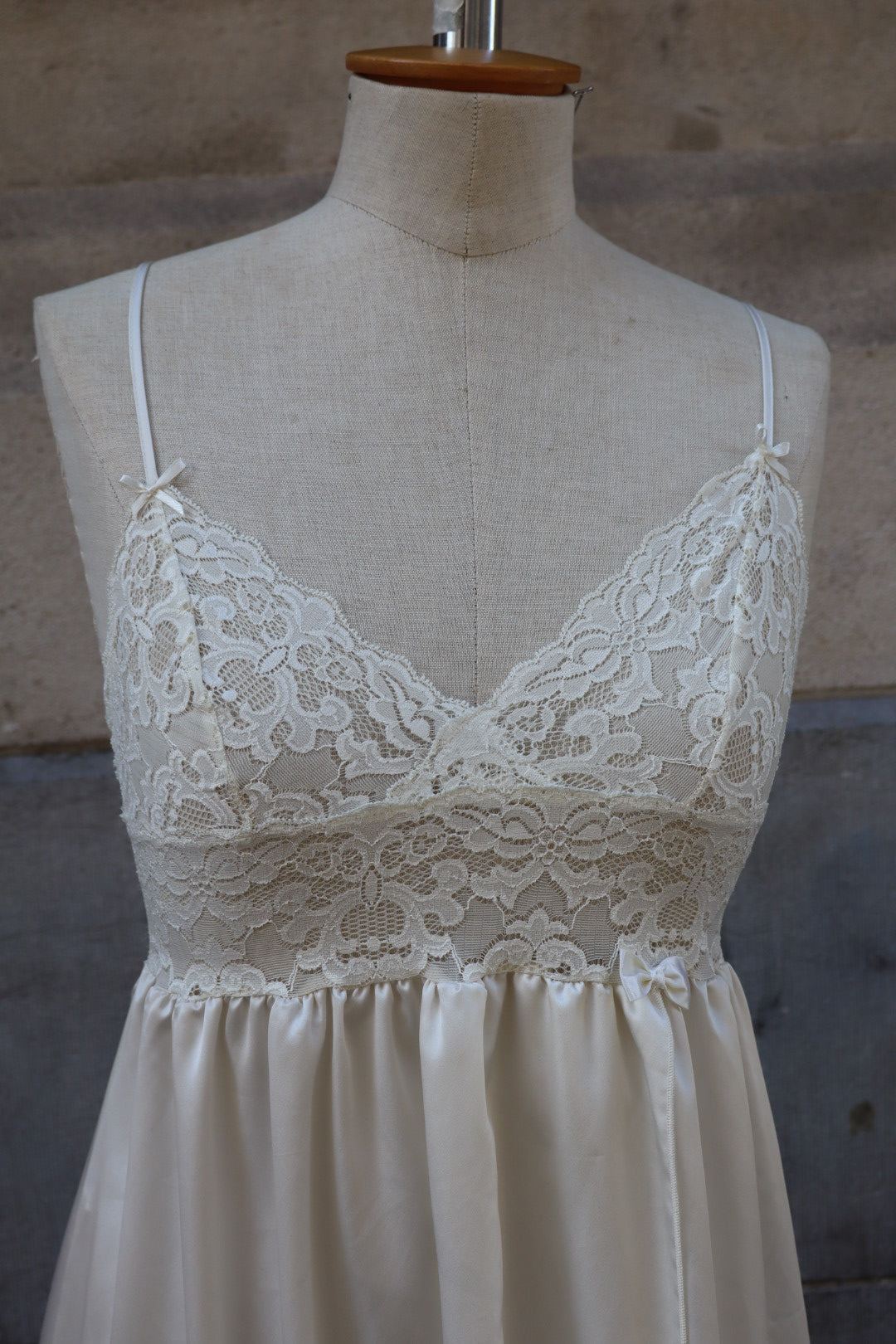 Long White satin slipdress with lace, size S - M