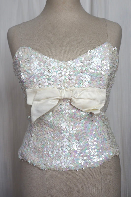 Handmade silk sequin bustier top with silk bow - size M