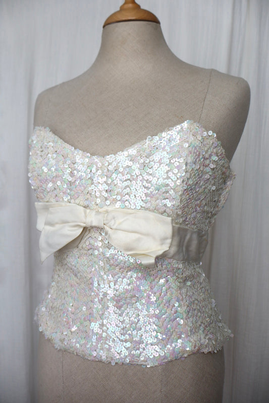Handmade silk sequin bustier top with silk bow - size M