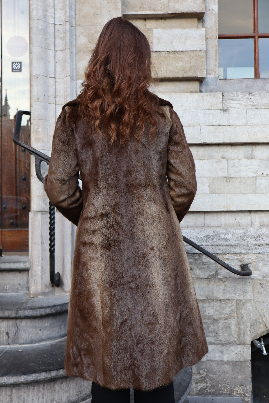Long brown fur coat, size S/M