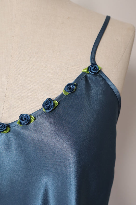 Satin blue cami top with little roses on the neckline size M