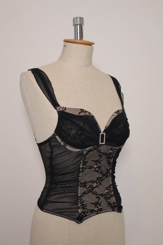 Nineties bustier black lace with strass buckle detail Size small