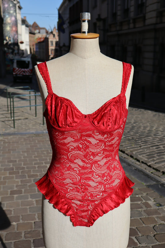 Red lace body with satin cups, size XS