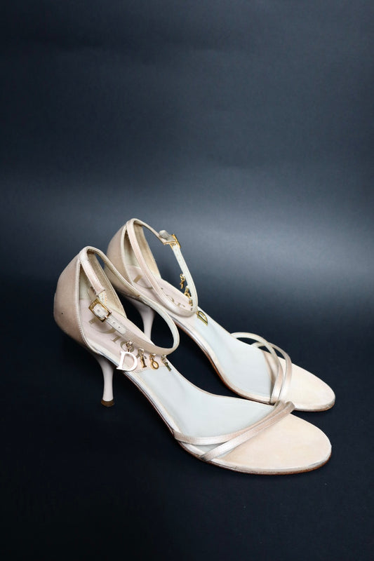 Dior by John Galliano pink Silk heels with gold hardware logo size 38 (us 7.5)