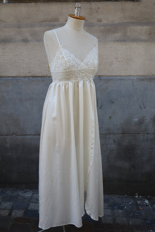 Long White satin slipdress with lace, size S - M