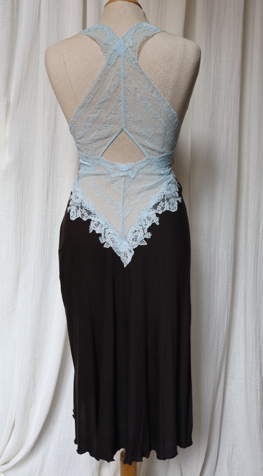 Paladini slipdress with soft blue lace front and open back, size M