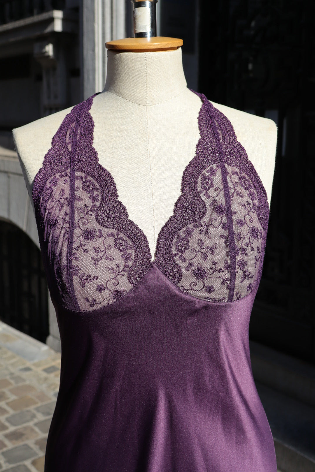 Vanity Fair long purple slipdress with lace cups, size Medium