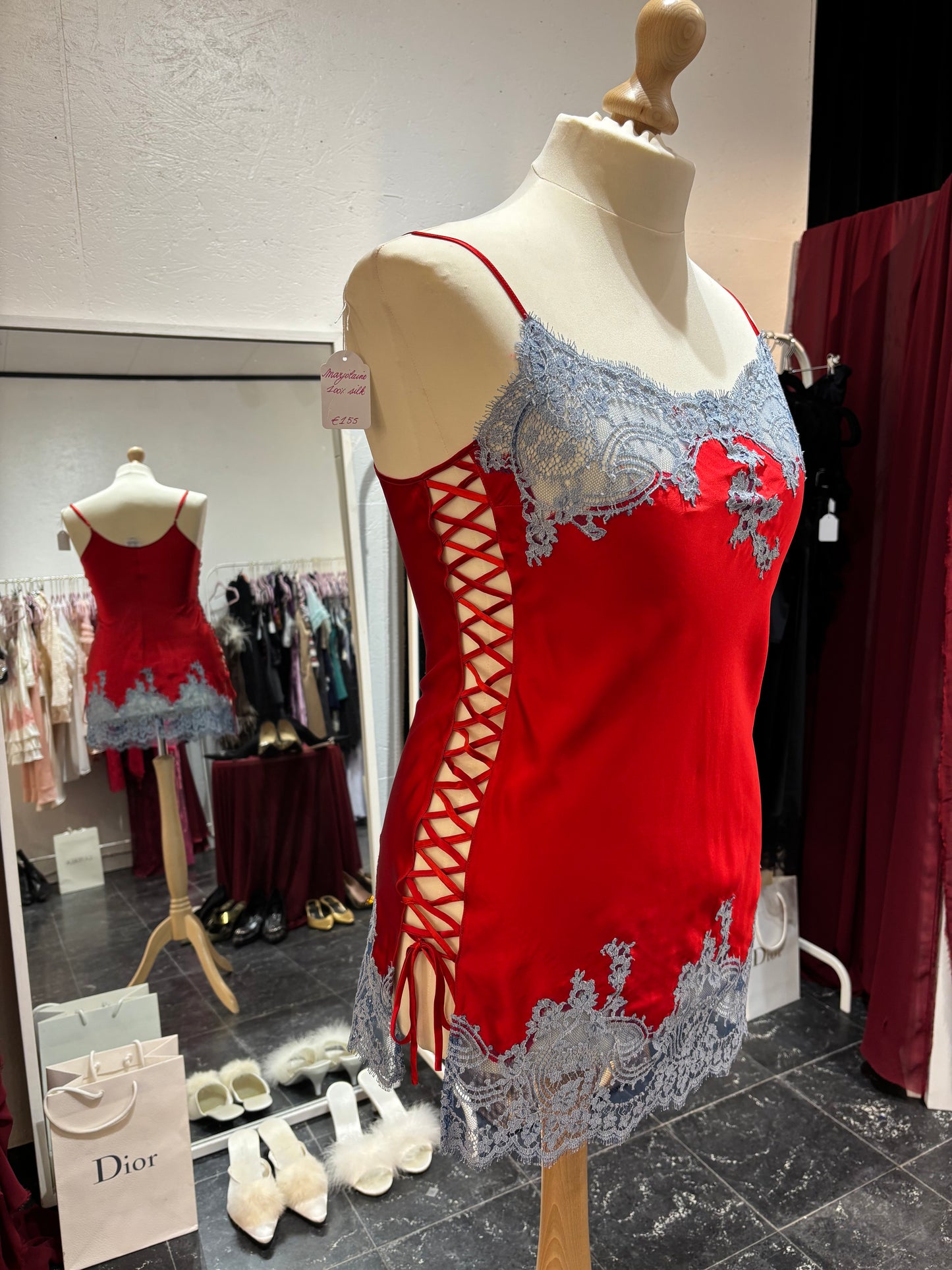 100% silk Marjolaine slipdress, red with blue lace details - size L/XL