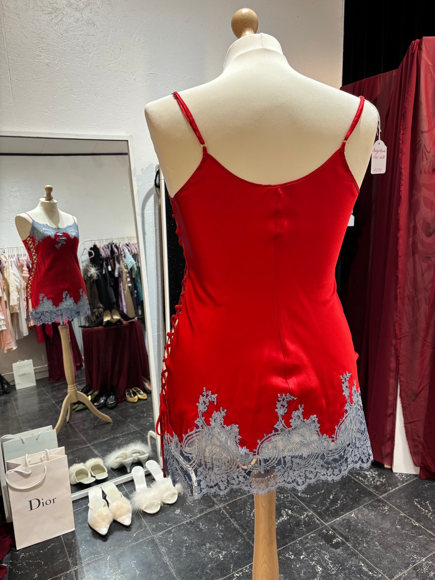 100% silk Marjolaine slipdress, red with blue lace details - size L/XL