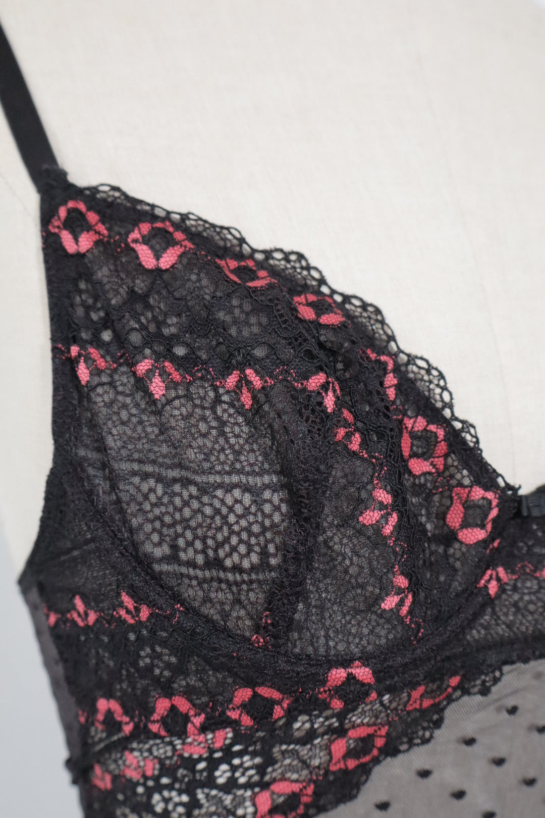 Transparent slipdress size S black with pink lace flowers on the cups