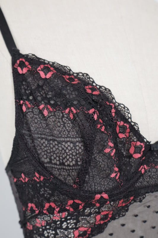 Transparent slipdress size S black with pink lace flowers on the cups