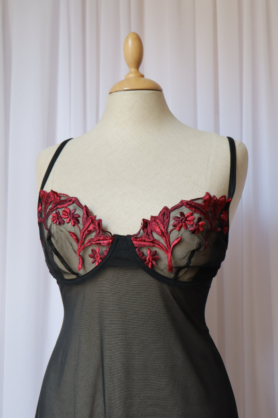 Sheer black slipdress with red lace details, size L