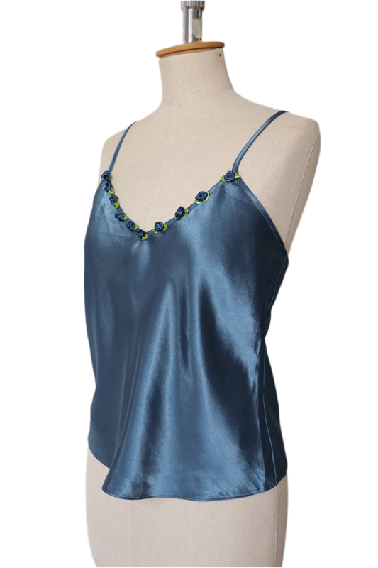 Satin blue cami top with little roses on the neckline size M