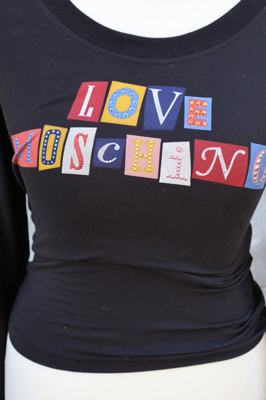 LOVE MOSCHINO longsleeve, cutout patchwork letters, size L