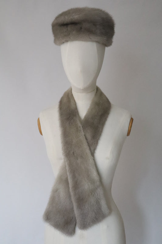 Grey 1950’s mink fur shawl & hat set