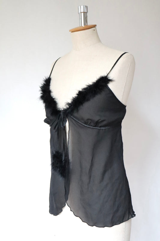 Y2k see trough babydoll with feather trim size M to L