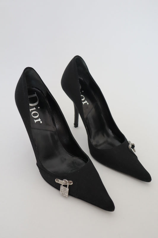 Black silk Christian Dior by John Galliano heels F/W 2003 with lock&key size it36.5 us6
