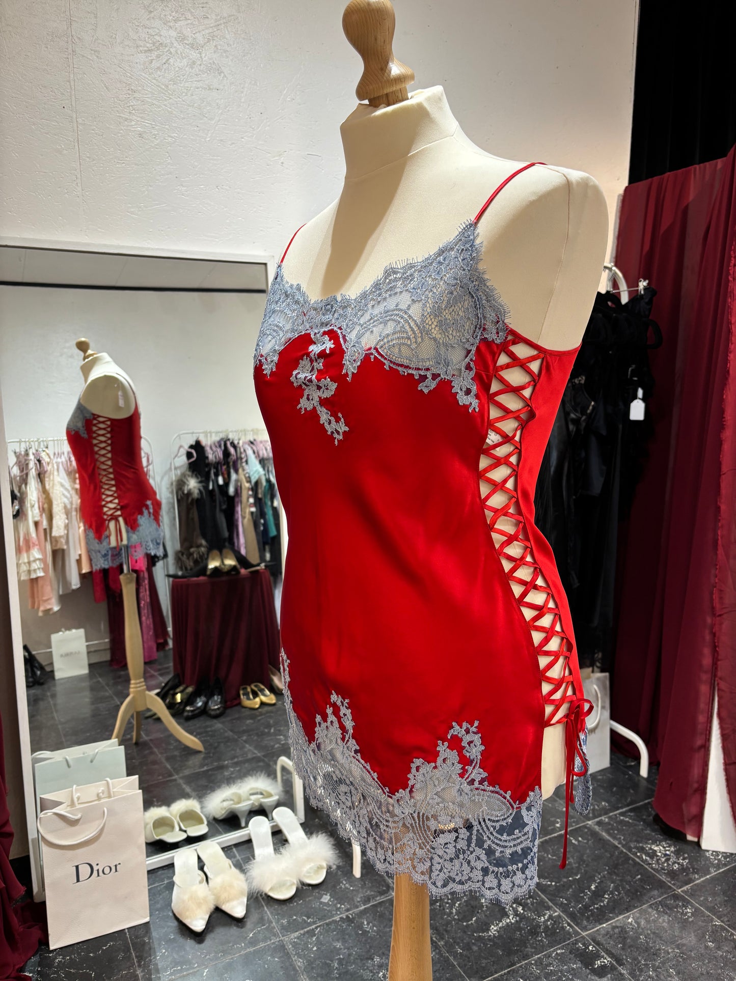 100% silk Marjolaine slipdress, red with blue lace details - size L/XL