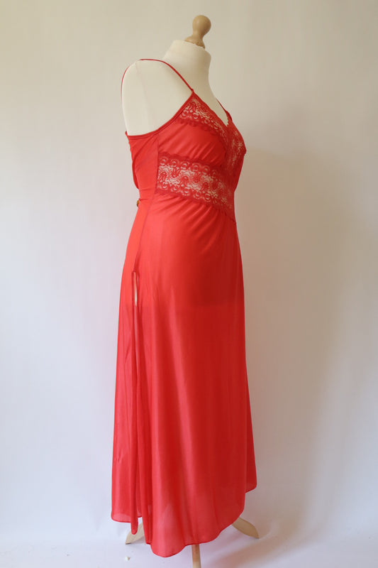 Red long slipdress with deep slit on the side and lace details , size XL