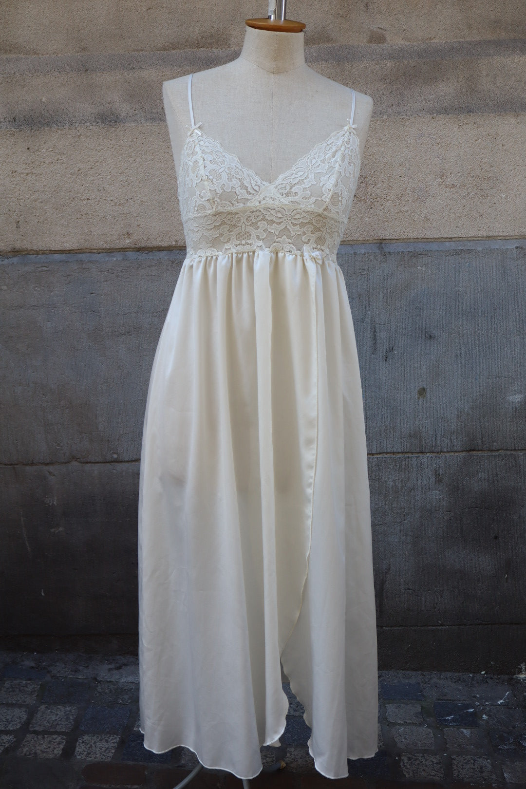 Long White satin slipdress with lace, size S - M