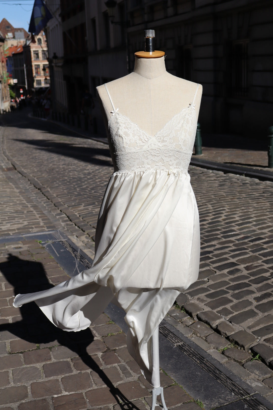 Long White satin slipdress with lace, size S - M