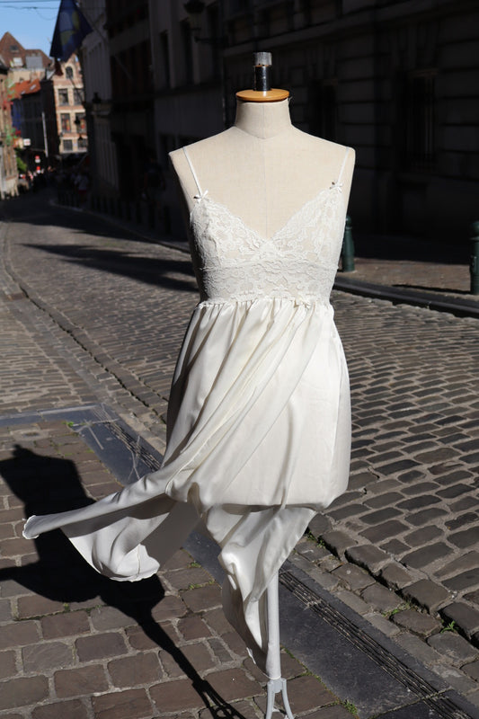 Long White satin slipdress with lace, size S - M