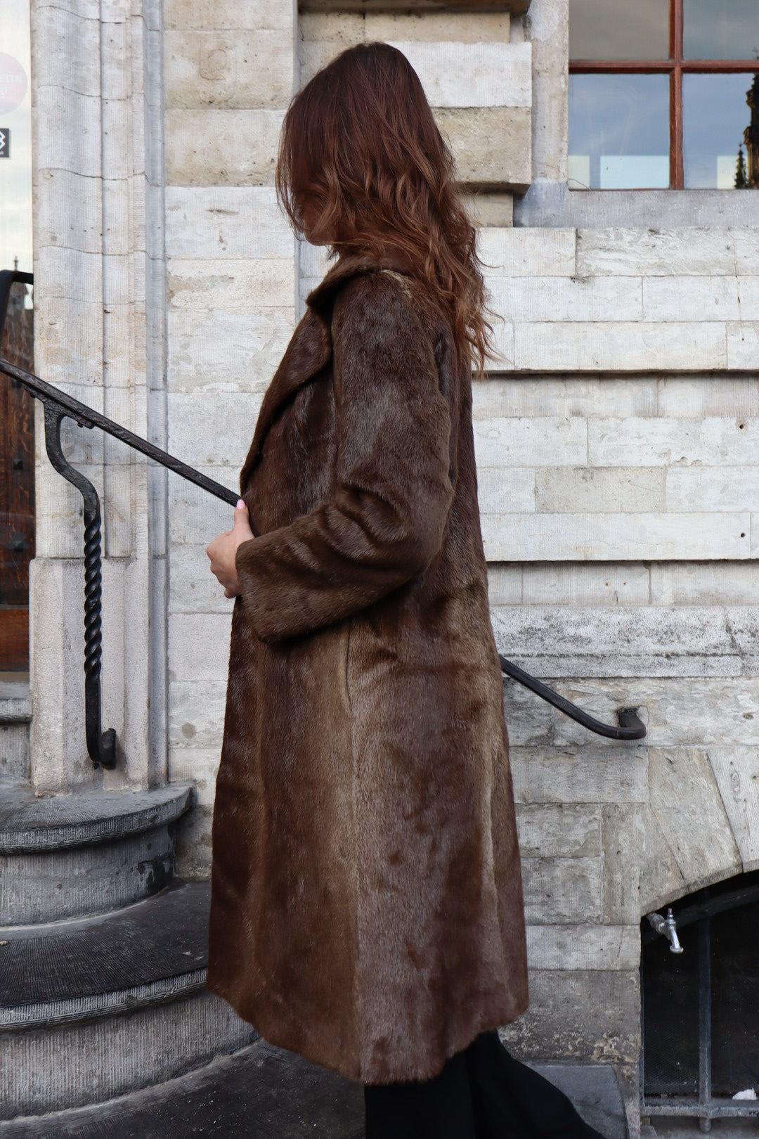 Long brown fur coat, size S/M