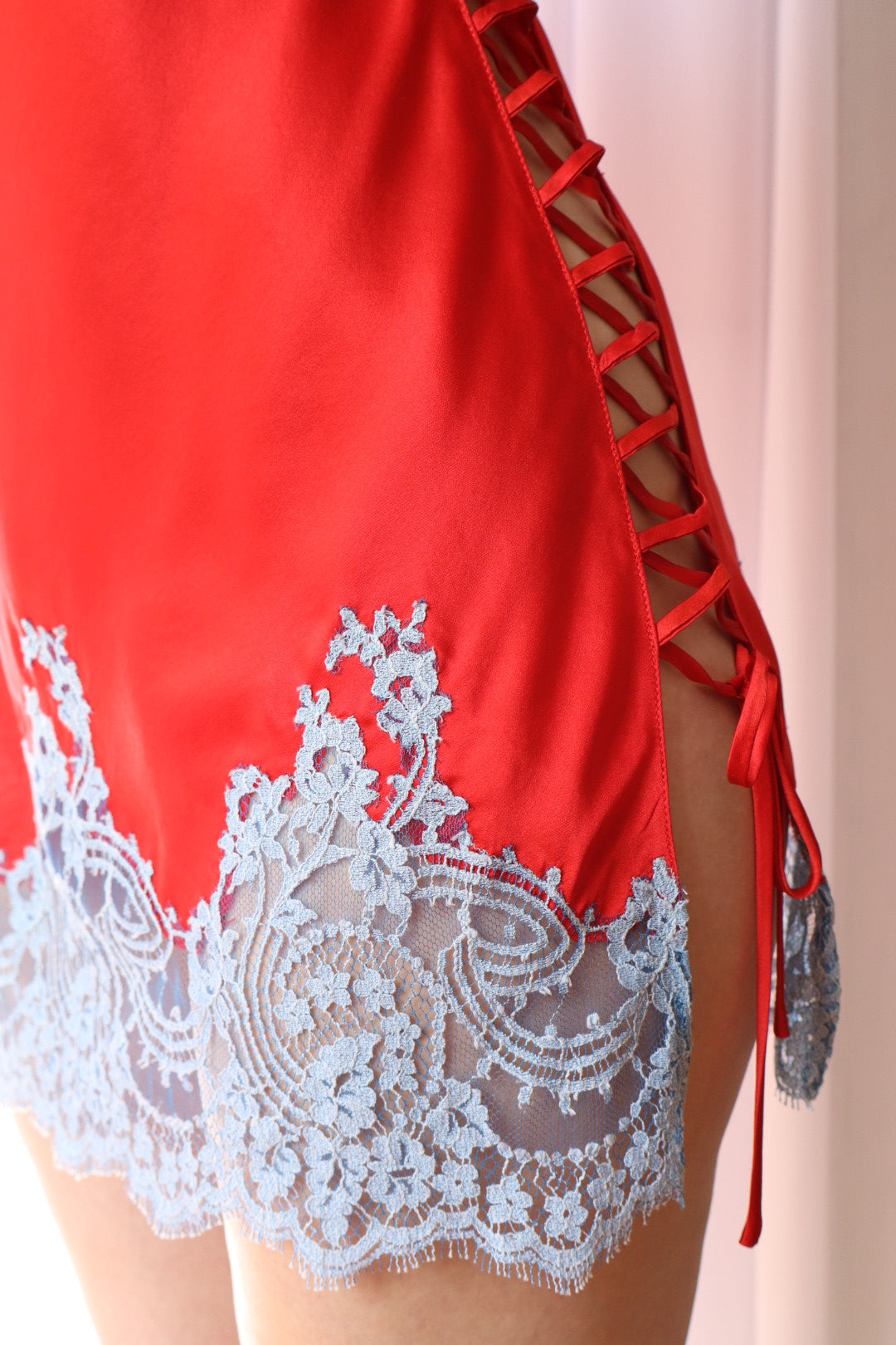 100% silk Marjolaine slipdress, red with blue lace details - size L/XL