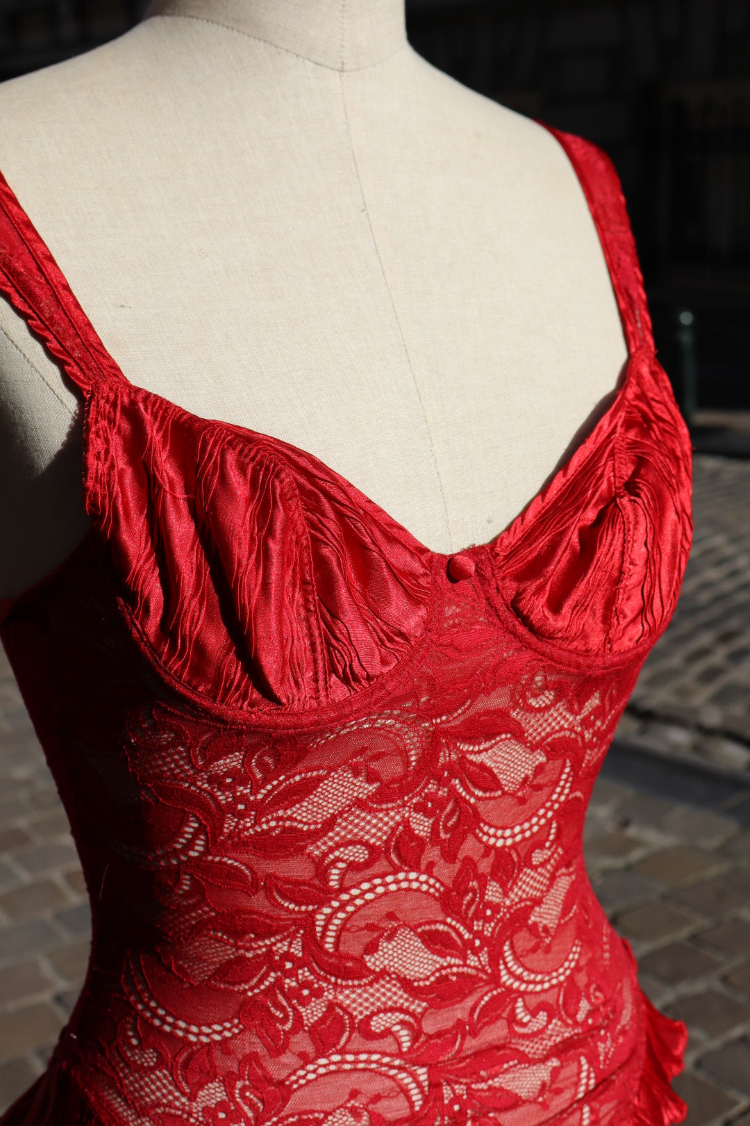 Red lace body with satin cups, size XS